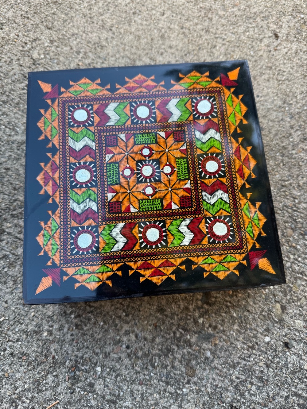 Hand-Painted Decorative Box in Black with Orange, Green & Red India design